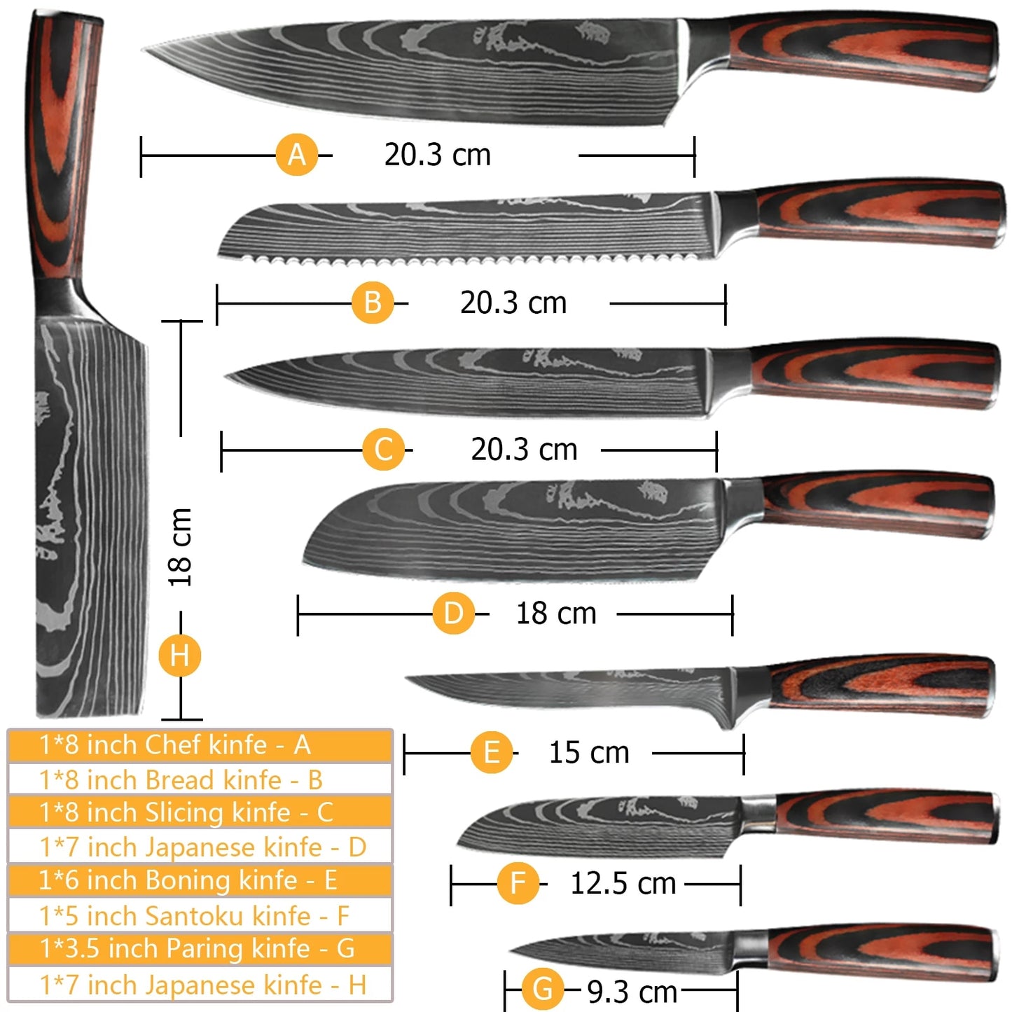 8 Piece Set of Laser Damascus Steel Knives