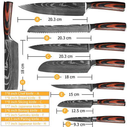 8 Piece Set of Laser Damascus Steel Knives