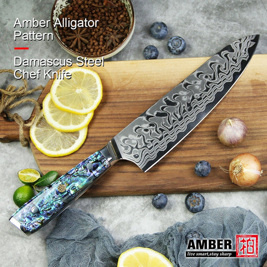 Kitchen Knife Amber Alligator Pattern Damascus Steel