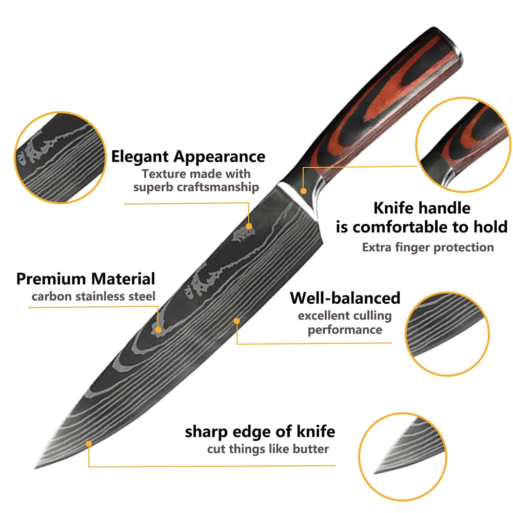 8 Piece Set of Laser Damascus Steel Knives