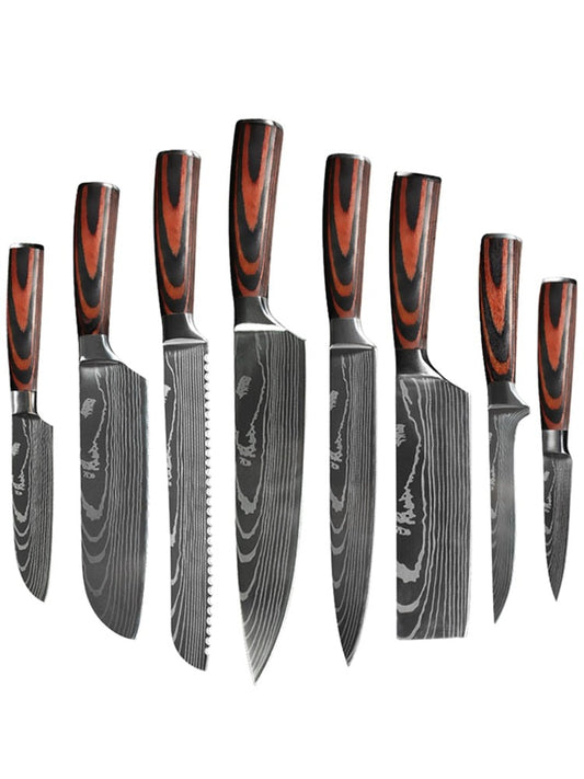 8 Piece Set of Laser Damascus Steel Knives