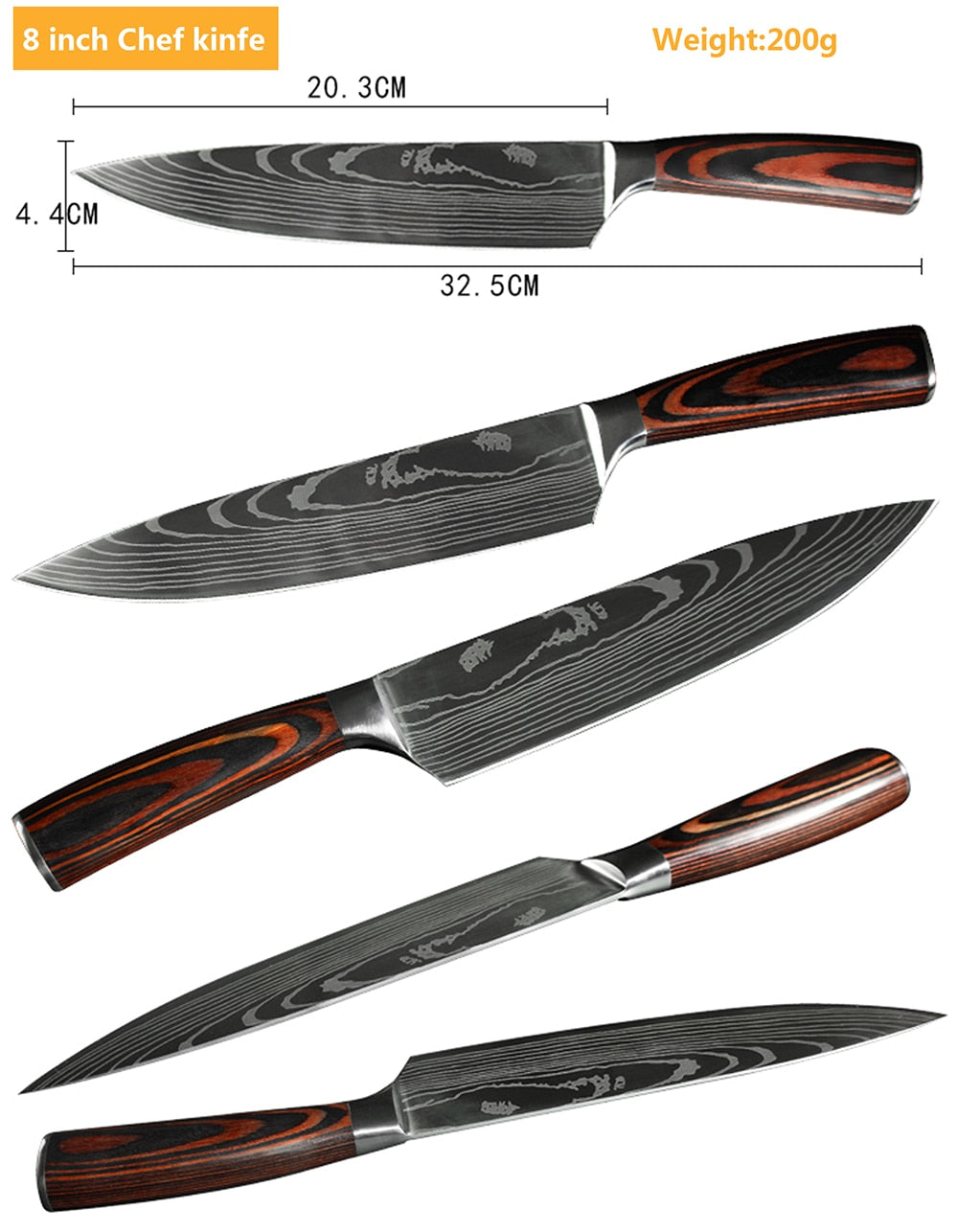 8 Piece Set of Laser Damascus Steel Knives